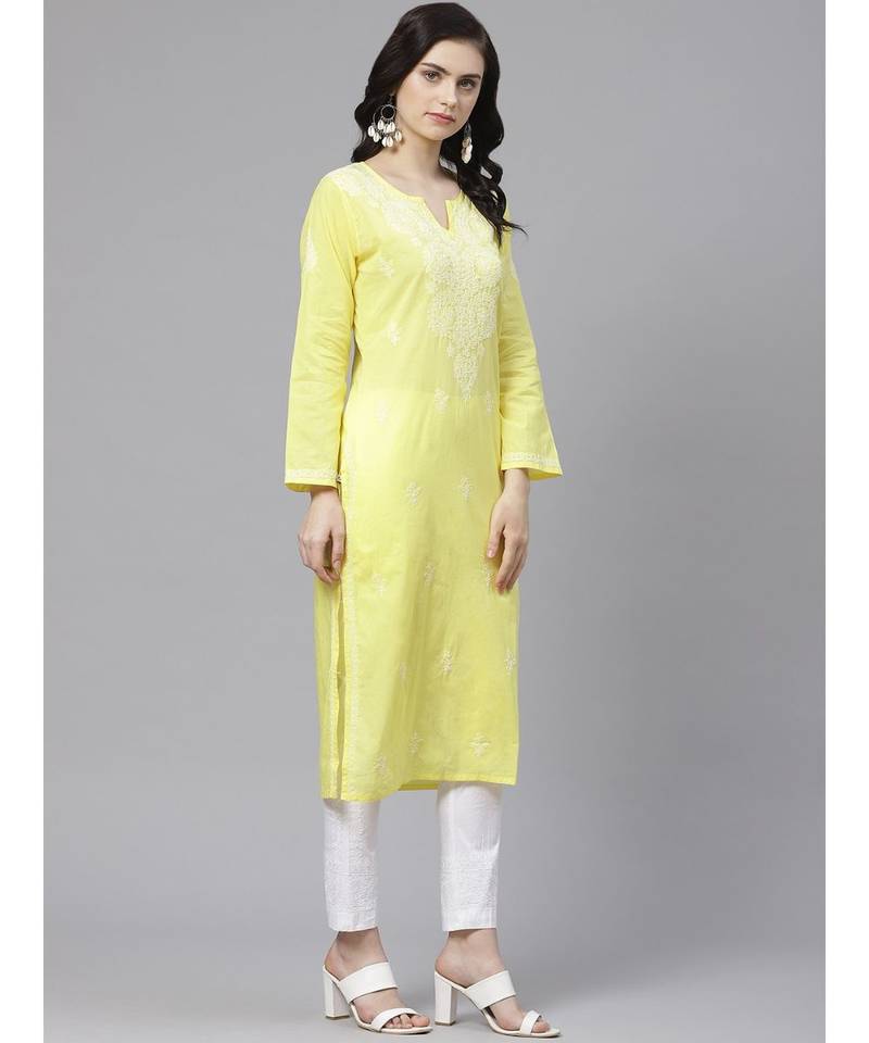 Ada Hand Embroidered Yellow and White Cotton Lucknow Chikankari Kurta with Churidar Set