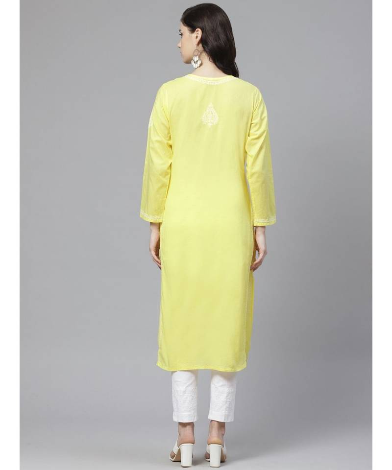 Ada Hand Embroidered Yellow and White Cotton Lucknow Chikankari Kurta with Churidar Set
