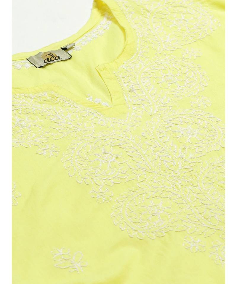 Ada Hand Embroidered Yellow and White Cotton Lucknow Chikankari Kurta with Churidar Set
