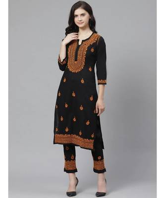 Ada Hand Embroidered Black Cotton Lucknow Chikankari Kurta with Trouser Set 1