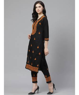 Ada Hand Embroidered Black Cotton Lucknow Chikankari Kurta with Trouser Set 2