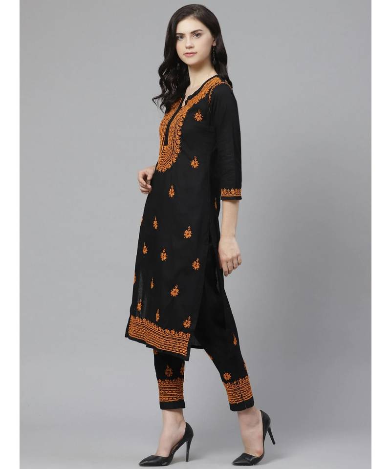 Ada Hand Embroidered Black Cotton Lucknow Chikankari Kurta with Trouser Set