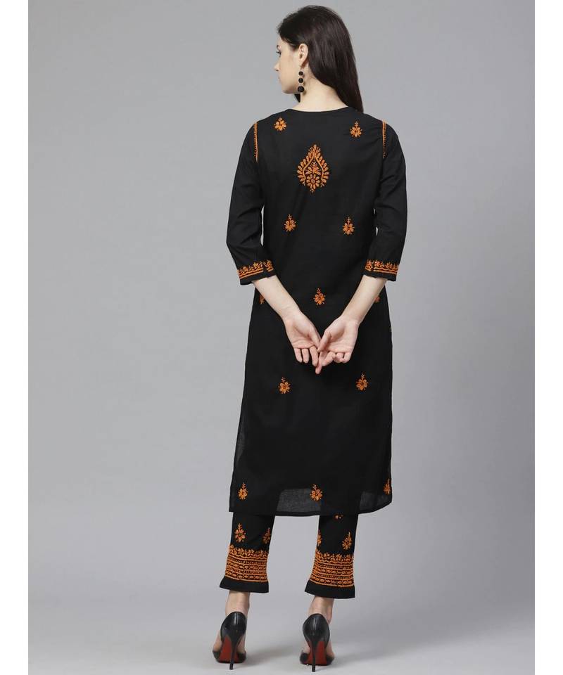 Ada Hand Embroidered Black Cotton Lucknow Chikankari Kurta with Trouser Set