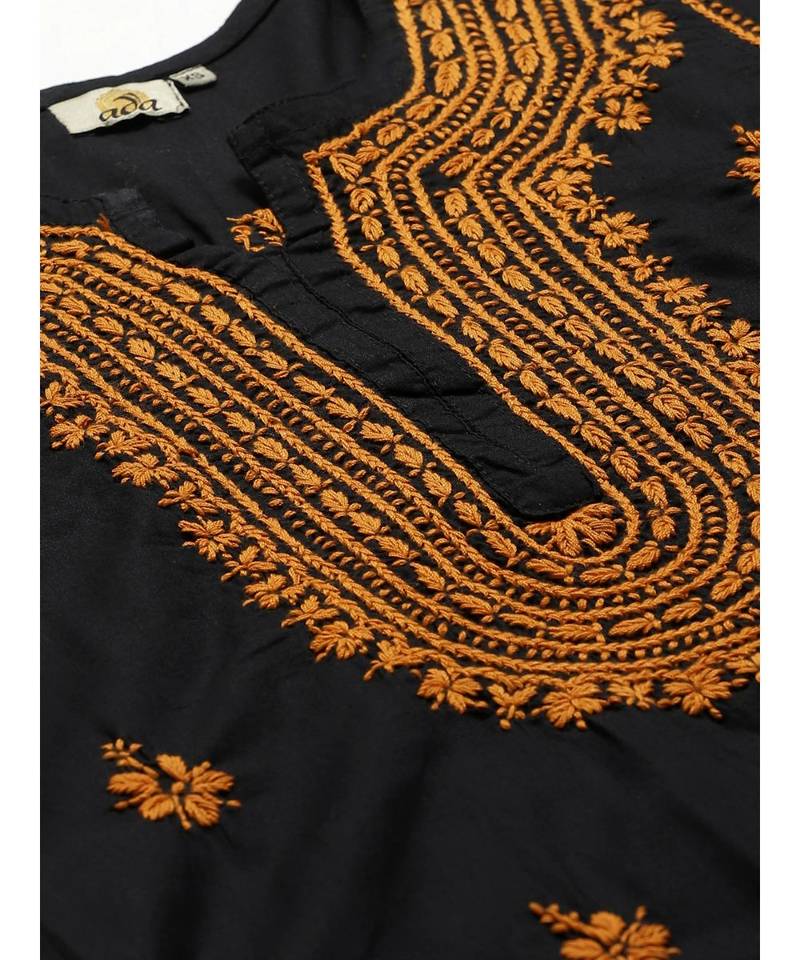Ada Hand Embroidered Black Cotton Lucknow Chikankari Kurta with Trouser Set