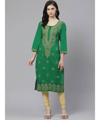 Ada Hand Embroidered Green Cotton Lucknow Chikankari Women Kurta with Churidar Set - A100548 1