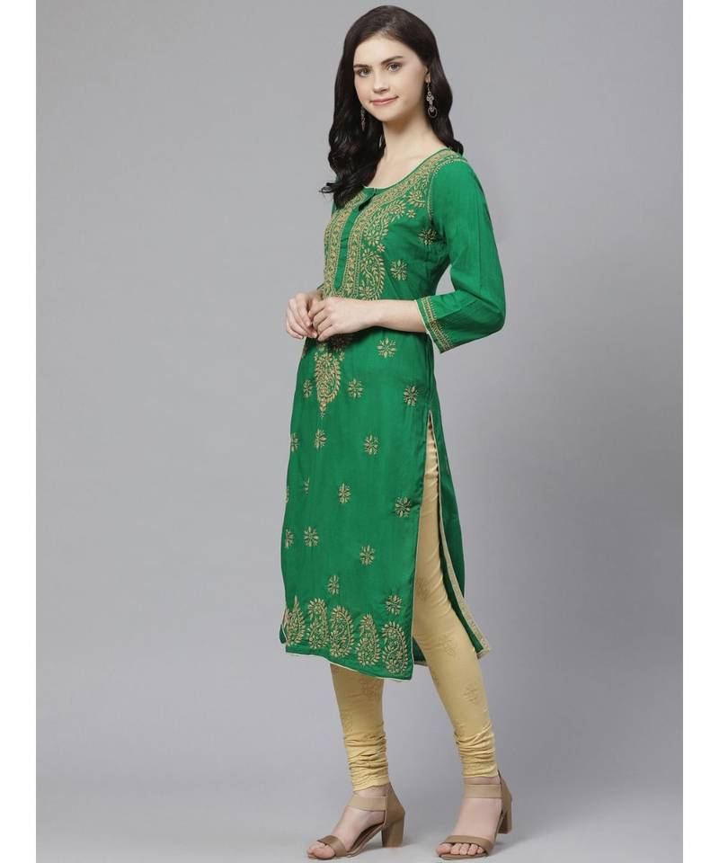Ada Hand Embroidered Green Cotton Lucknow Chikankari Women Kurta with Churidar Set - A100548
