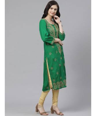 Ada Hand Embroidered Green Cotton Lucknow Chikankari Women Kurta with Churidar Set - A100548 3