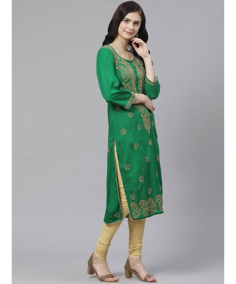 Ada Hand Embroidered Green Cotton Lucknow Chikankari Women Kurta with Churidar Set - A100548