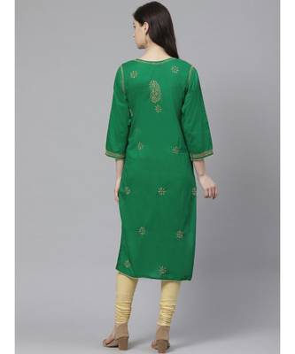 Ada Hand Embroidered Green Cotton Lucknow Chikankari Women Kurta with Churidar Set - A100548 4