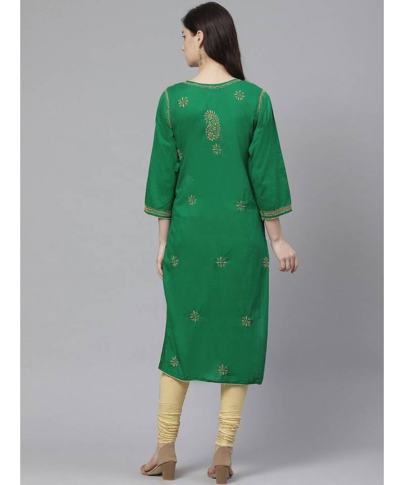 Ada Hand Embroidered Green Cotton Lucknow Chikankari Women Kurta with Churidar Set - A100548