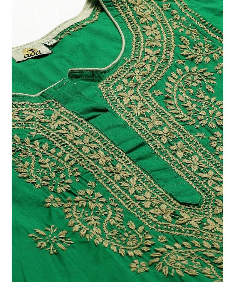 Ada Hand Embroidered Green Cotton Lucknow Chikankari Women Kurta with Churidar Set - A100548