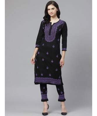 Ada Hand Embroidered Black Cotton Lucknow Chikankari Kurta with Trouser Set 1