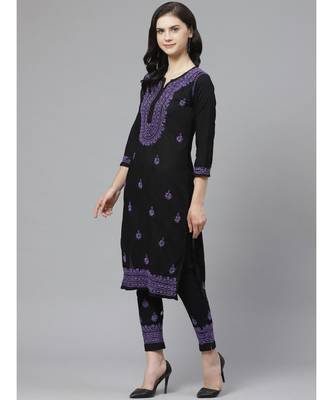 Ada Hand Embroidered Black Cotton Lucknow Chikankari Kurta with Trouser Set 2