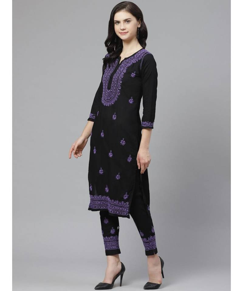 Ada Hand Embroidered Black Cotton Lucknow Chikankari Kurta with Trouser Set