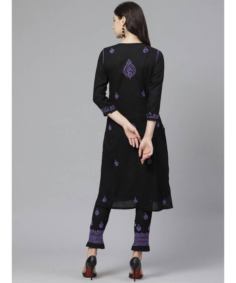 Ada Hand Embroidered Black Cotton Lucknow Chikankari Kurta with Trouser Set