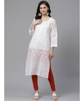 Ada Hand Embroidered White Cotton Lucknow Chikankari Women Kurta with Churidar Set - A100550 1