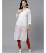 Ada Hand Embroidered White Cotton Lucknow Chikankari Women Kurta with Churidar Set - A100550