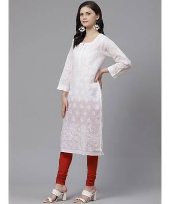 Ada Hand Embroidered White Cotton Lucknow Chikankari Women Kurta with Churidar Set - A100550 2