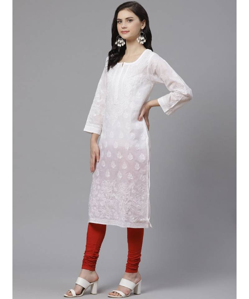 Ada Hand Embroidered White Cotton Lucknow Chikankari Women Kurta with Churidar Set - A100550