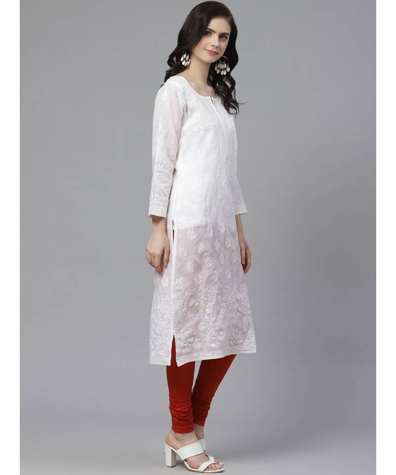 Ada Hand Embroidered White Cotton Lucknow Chikankari Women Kurta with Churidar Set - A100550