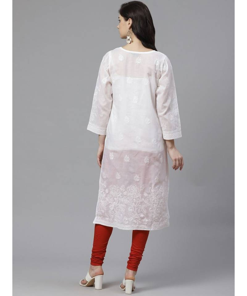 Ada Hand Embroidered White Cotton Lucknow Chikankari Women Kurta with Churidar Set - A100550