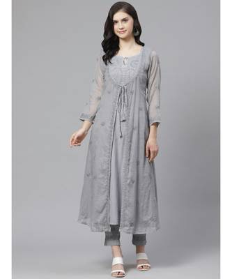 Ada Hand Embroidered Grey Kota Lucknowi Chikankari Women Kurta with Trouser Set - A100551 1