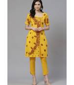 Hand Embroidered Yellow Cotton Lucknow Chikankari Women Kurta With Trouser Set