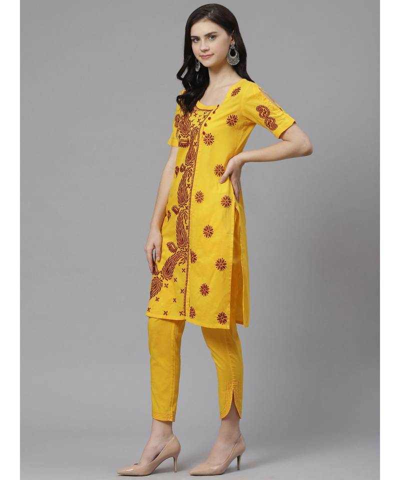 Hand Embroidered Yellow Cotton Lucknow Chikankari Women Kurta With Trouser Set