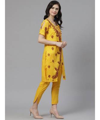 Hand Embroidered Yellow Cotton Lucknow Chikankari Women Kurta With Trouser Set 3