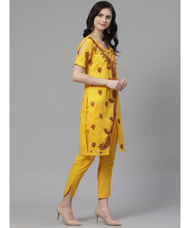 Hand Embroidered Yellow Cotton Lucknow Chikankari Women Kurta With Trouser Set