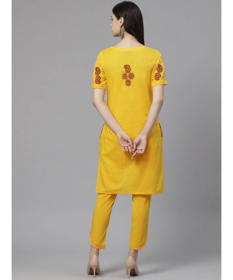 Hand Embroidered Yellow Cotton Lucknow Chikankari Women Kurta With Trouser Set