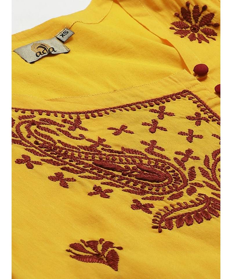 Hand Embroidered Yellow Cotton Lucknow Chikankari Women Kurta With Trouser Set