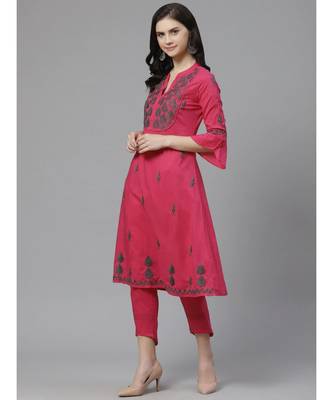 Hand Embroidered Pink Cotton Lucknow Chikankari Women Kurta With Trouser Set 1