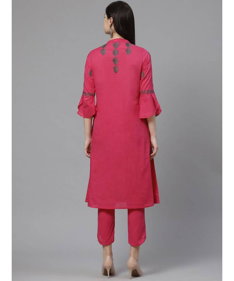 Hand Embroidered Pink Cotton Lucknow Chikankari Women Kurta With Trouser Set