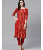 Hand Embroidered Red Cotton Lucknow Chikankari Women Kurta With Trouser Set
