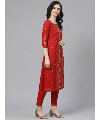 Hand Embroidered Red Cotton Lucknow Chikankari Women Kurta With Trouser Set 2