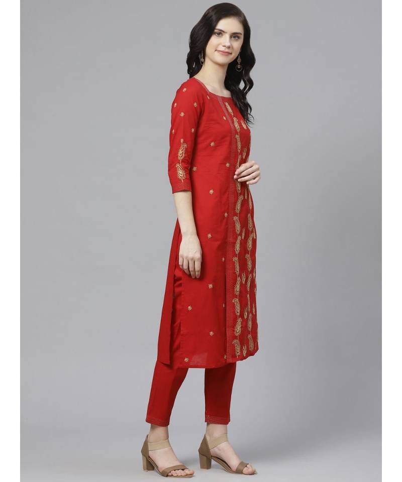 Hand Embroidered Red Cotton Lucknow Chikankari Women Kurta With Trouser Set