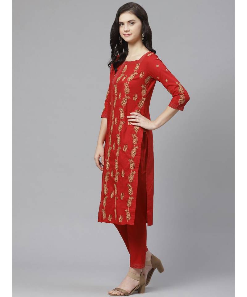 Hand Embroidered Red Cotton Lucknow Chikankari Women Kurta With Trouser Set
