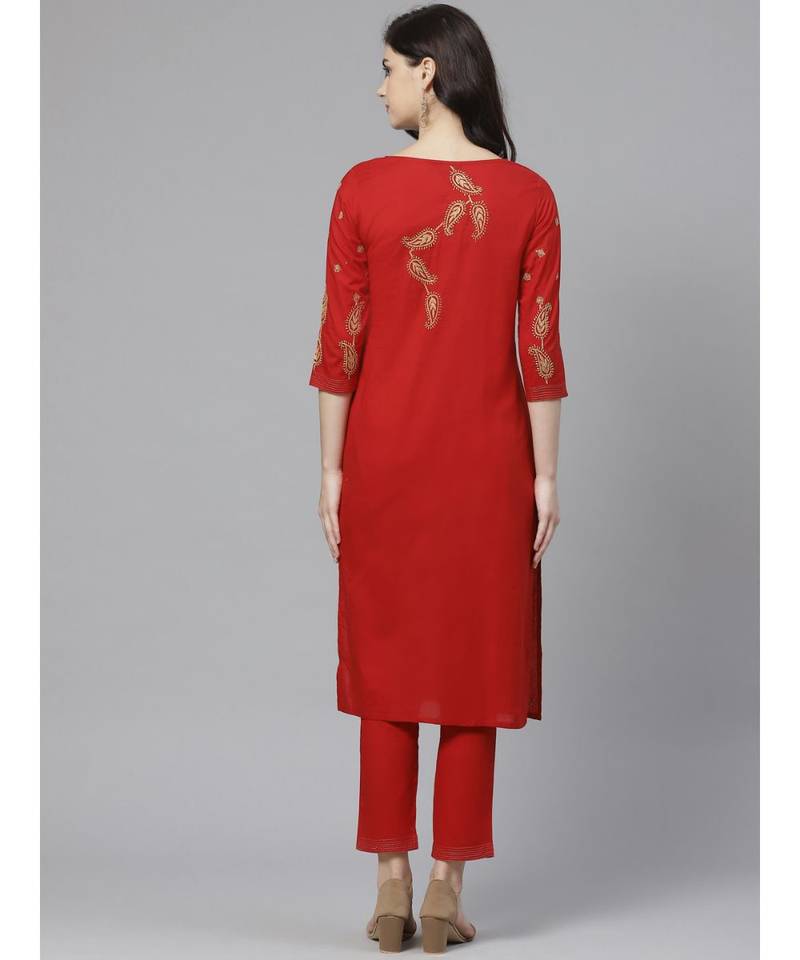 Hand Embroidered Red Cotton Lucknow Chikankari Women Kurta With Trouser Set