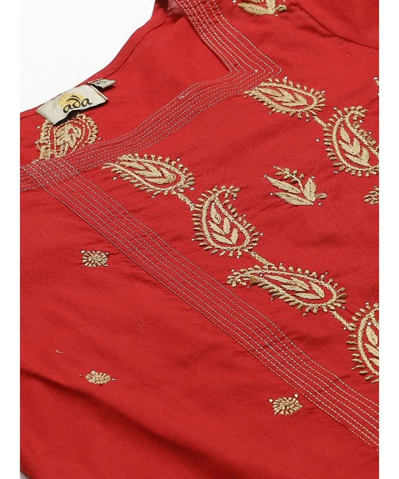 Hand Embroidered Red Cotton Lucknow Chikankari Women Kurta With Trouser Set