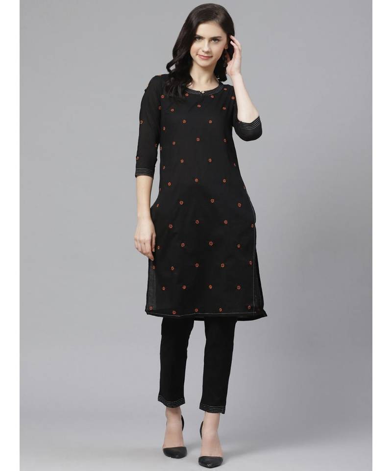 Hand Embroidered Black Cotton Lucknow Chikankari Women Kurta With Trouser Set