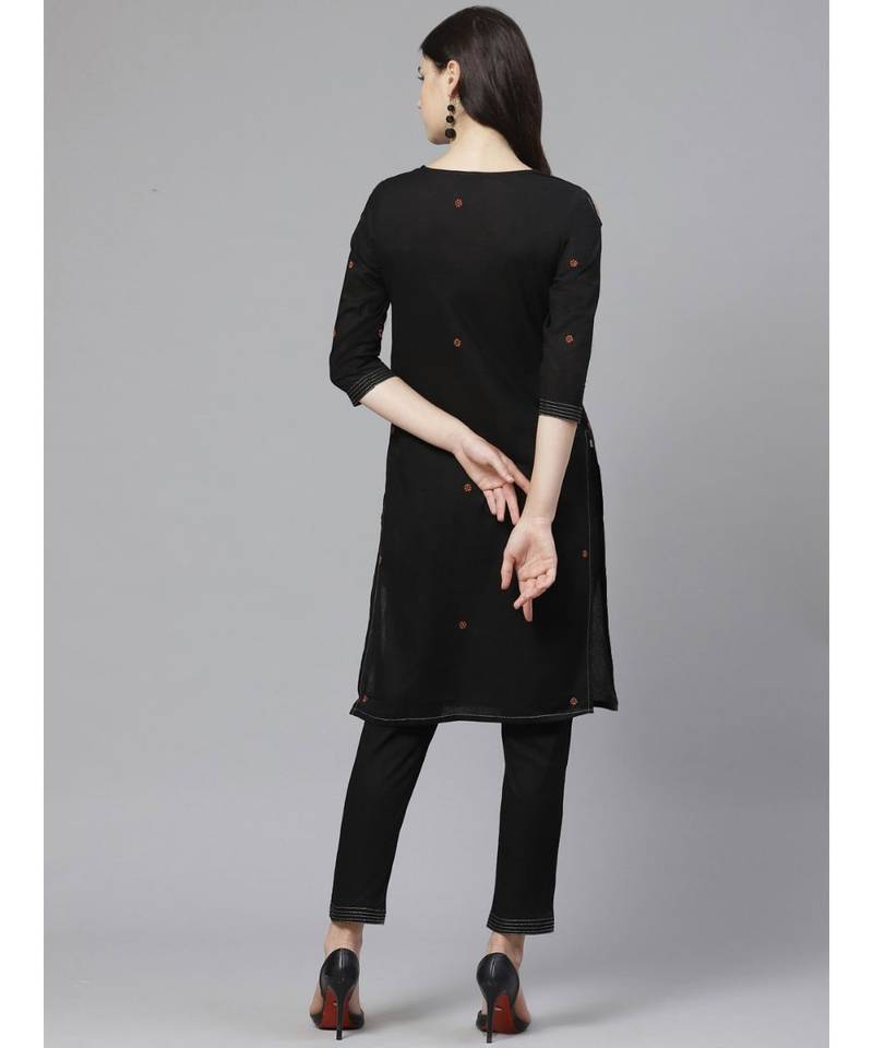 Hand Embroidered Black Cotton Lucknow Chikankari Women Kurta With Trouser Set