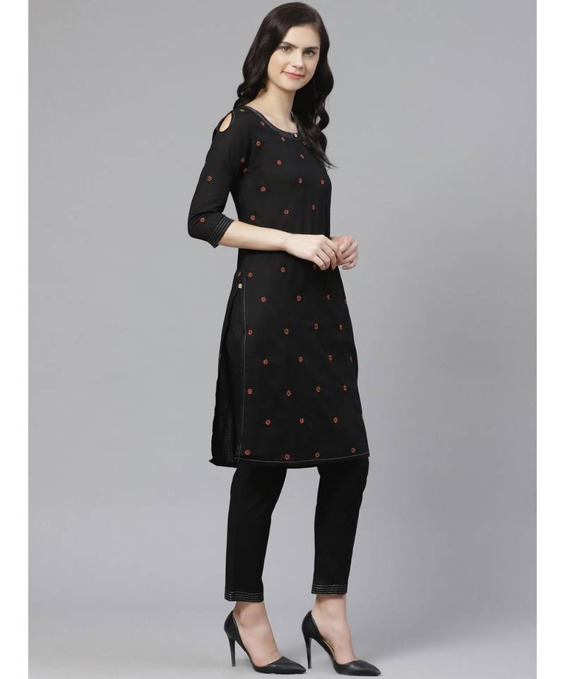 Hand Embroidered Black Cotton Lucknow Chikankari Women Kurta With Trouser Set