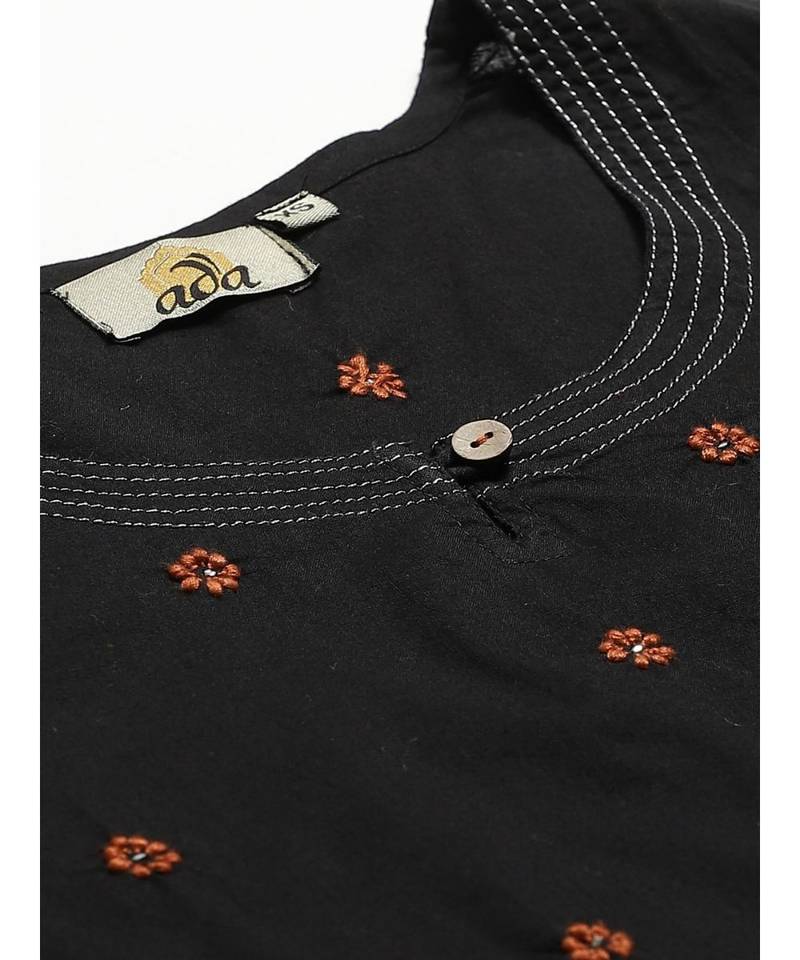 Hand Embroidered Black Cotton Lucknow Chikankari Women Kurta With Trouser Set