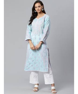 Ada Hand Embroidered Blue Cotton Lucknow Chikankari Women Kurta with Trouser Set - A100394 1