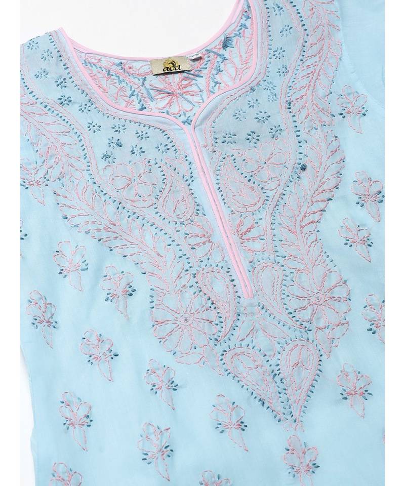 Ada Hand Embroidered Blue Cotton Lucknow Chikankari Women Kurta with Trouser Set - A100394