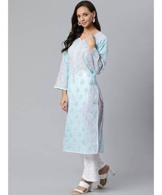 Ada Hand Embroidered Blue Cotton Lucknow Chikankari Women Kurta with Trouser Set - A100394 4