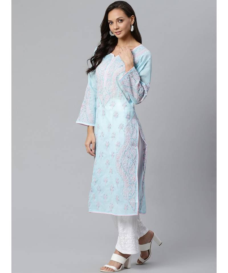 Ada Hand Embroidered Blue Cotton Lucknow Chikankari Women Kurta with Trouser Set - A100394