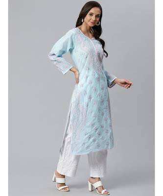 Ada Hand Embroidered Blue Cotton Lucknow Chikankari Women Kurta with Trouser Set - A100394 5