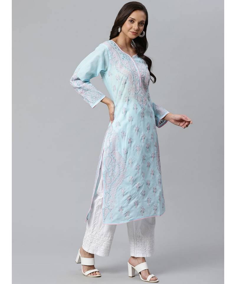 Ada Hand Embroidered Blue Cotton Lucknow Chikankari Women Kurta with Trouser Set - A100394